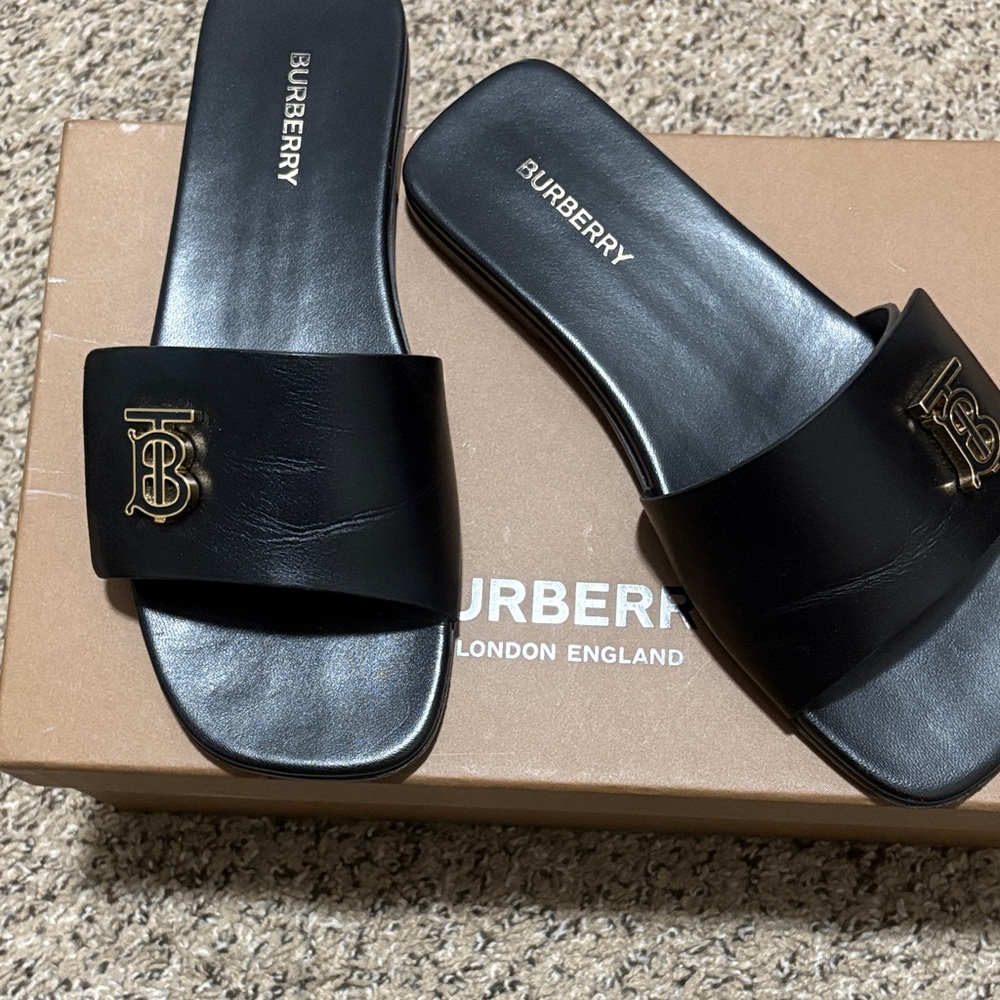 Burberry Black Slides with Gold Logo - Picture 11 of 16